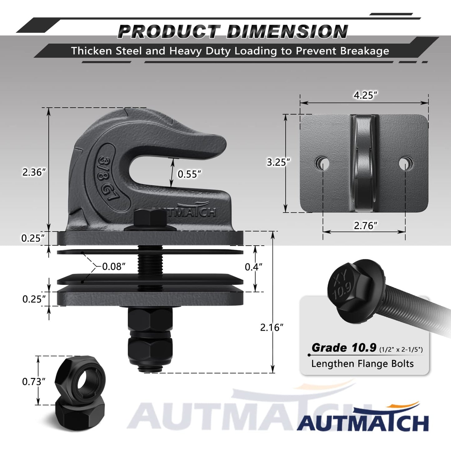 AUTMATCH Tractor Bucket Grab Hook 3/8" (2 Pack) - Grade 70 Forged Steel Bolt On Grab Hook Tow Hooks Mount with Backer Plate & Rubber Pads, Max 18,000Lbs Work for Loader, Tractor Bucket, Gunmetal Gray