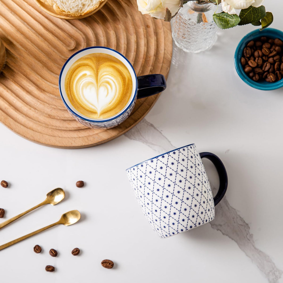 Cerkik Ceramic Coffee Mugs Set - 10 Oz Large Porcelain Tea Cups with Handle for Cappuccino Latte Cocoa Milk - Christmas Housewarming Gift - Microwave Dishwasher Safe - Set of 6 - Vintage Blue