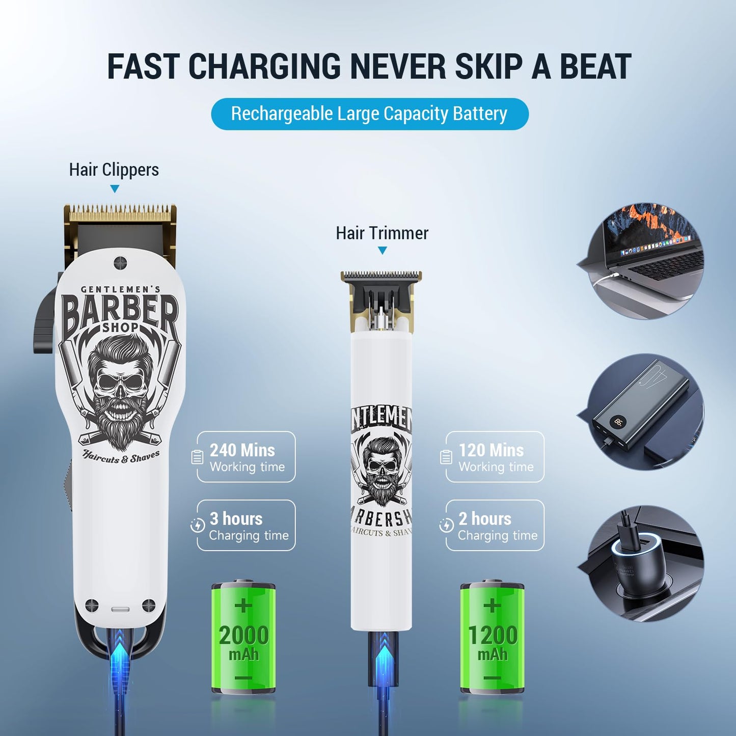 BESTBOMG 2PCS Professional Hair Clippers Cordless Hair Haircut Kit Rechargeable 2000mAh Hair Beard Trimmer Haircut Grooming Kit with 6 Guide Combs & for Men/Father/Husband/Boyfriend