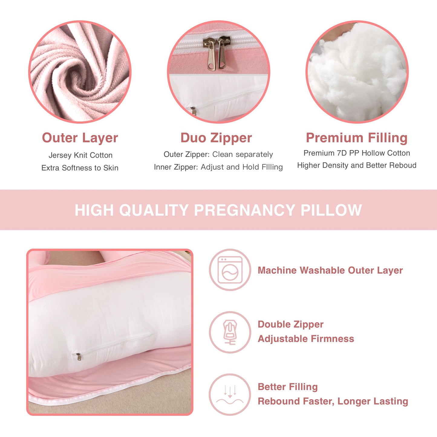 ALLOPERA Pregnancy Pillow, Full Body Maternity Pillow 57 inch, with Removable Washable Cover - Sleep Support for Legs, Back, Neck, Shoulder, HIPS, Belly for Pregnent Women, Jersey Knit Cotton (Pink)
