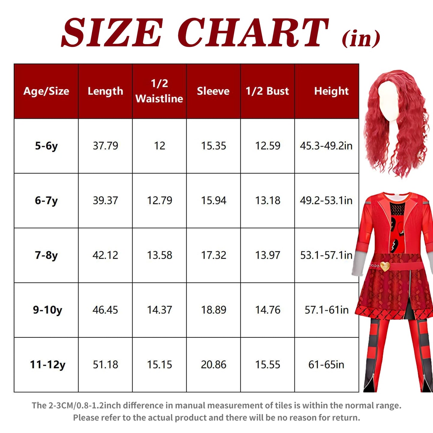 Puppyhao 4Pcs Rise of Red Costumes for Girls Red Descend Costume Wig Bag Gloves Princess Party Dress up Halloween Outfits