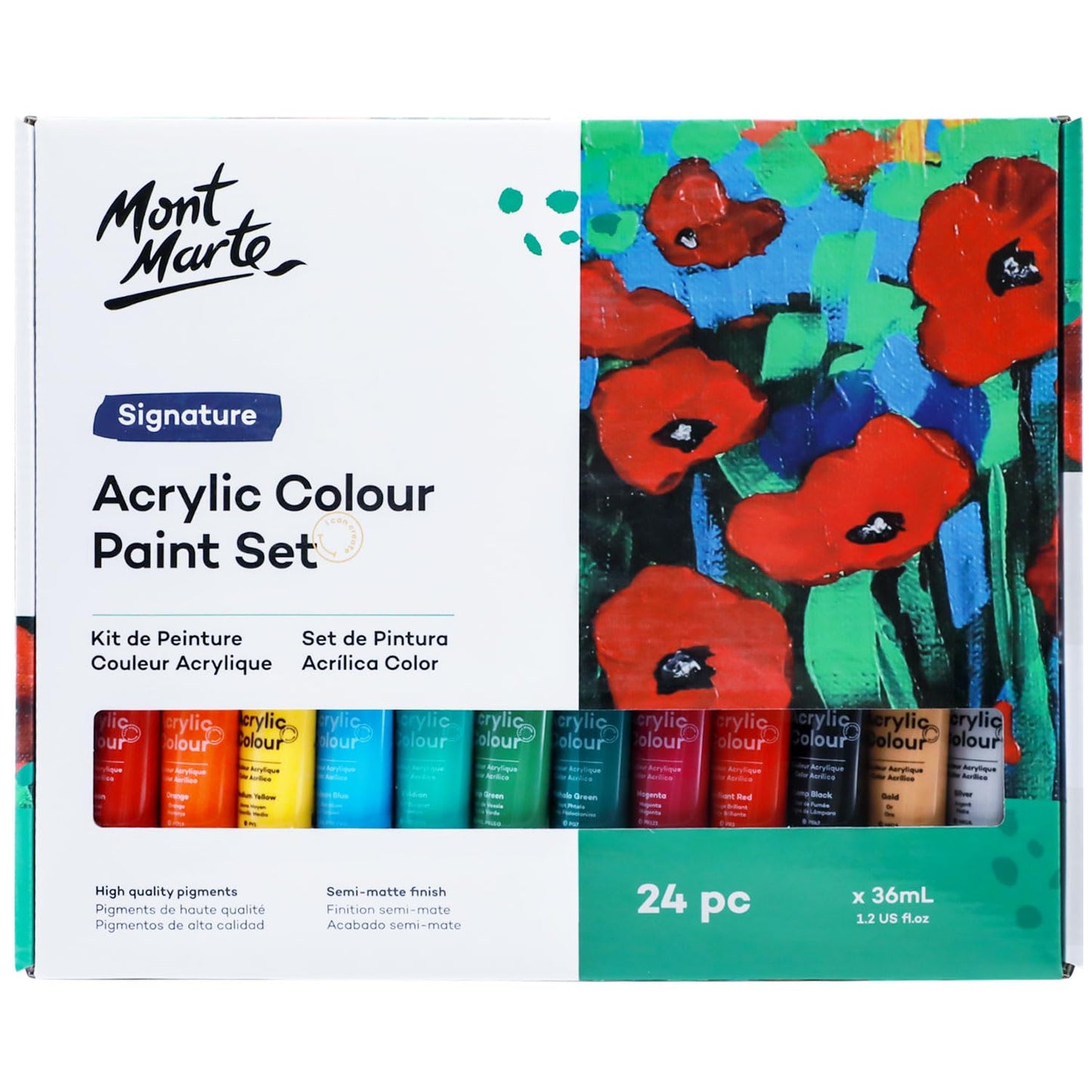 Mont Marte Acrylic Colour Paint Set Signature 24pc x 36ml (1.21 US fl.oz), Acrylic Paint kit Ideal for Canvas, Wood, Air Dried Clay, Cardboard and More, Great Beginner Acrylic Paint Set, Includes 24 Colours