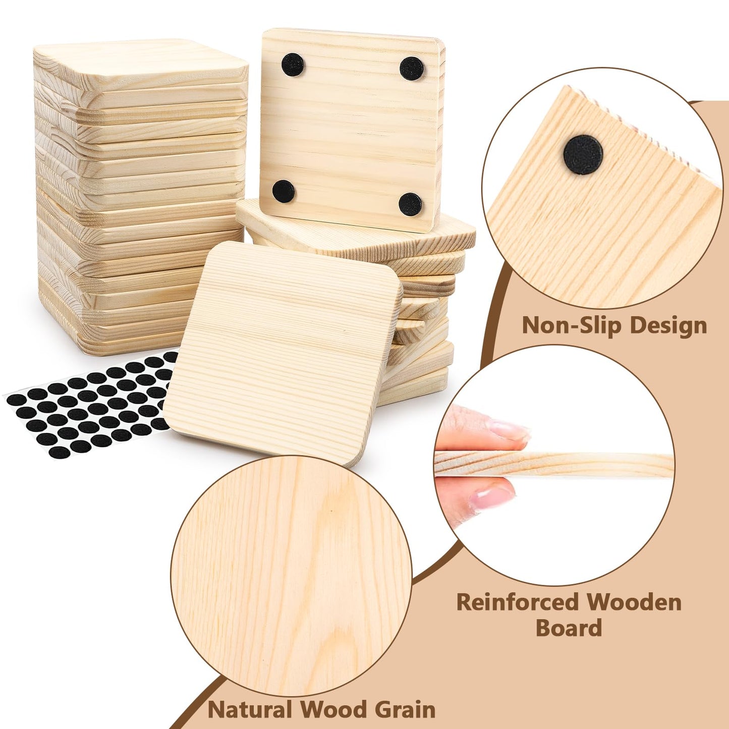72 Pack Unfinished Wood Coasters for Crafts, 4 Inch Square Blank Wooden Coasters, Non-Slip Wooden Slices Pads Bulk for Winter Hot Drinks, DIY Stained Painting, Home Decoration