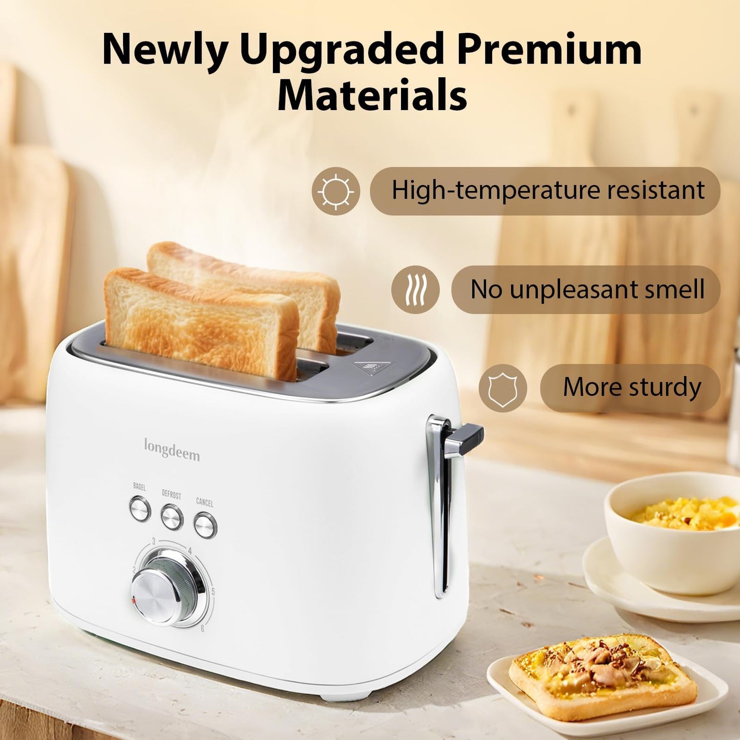 LONGDEEM Stainless Steel 2-Slice Toaster with 1.5" Extra Wide Slots, High Lift Lever, 6 Browning Settings, Bagel/Defrost/Cancel Modes, Removable Crumb Tray, Compact Breakfast Kitchen Appliance – White
