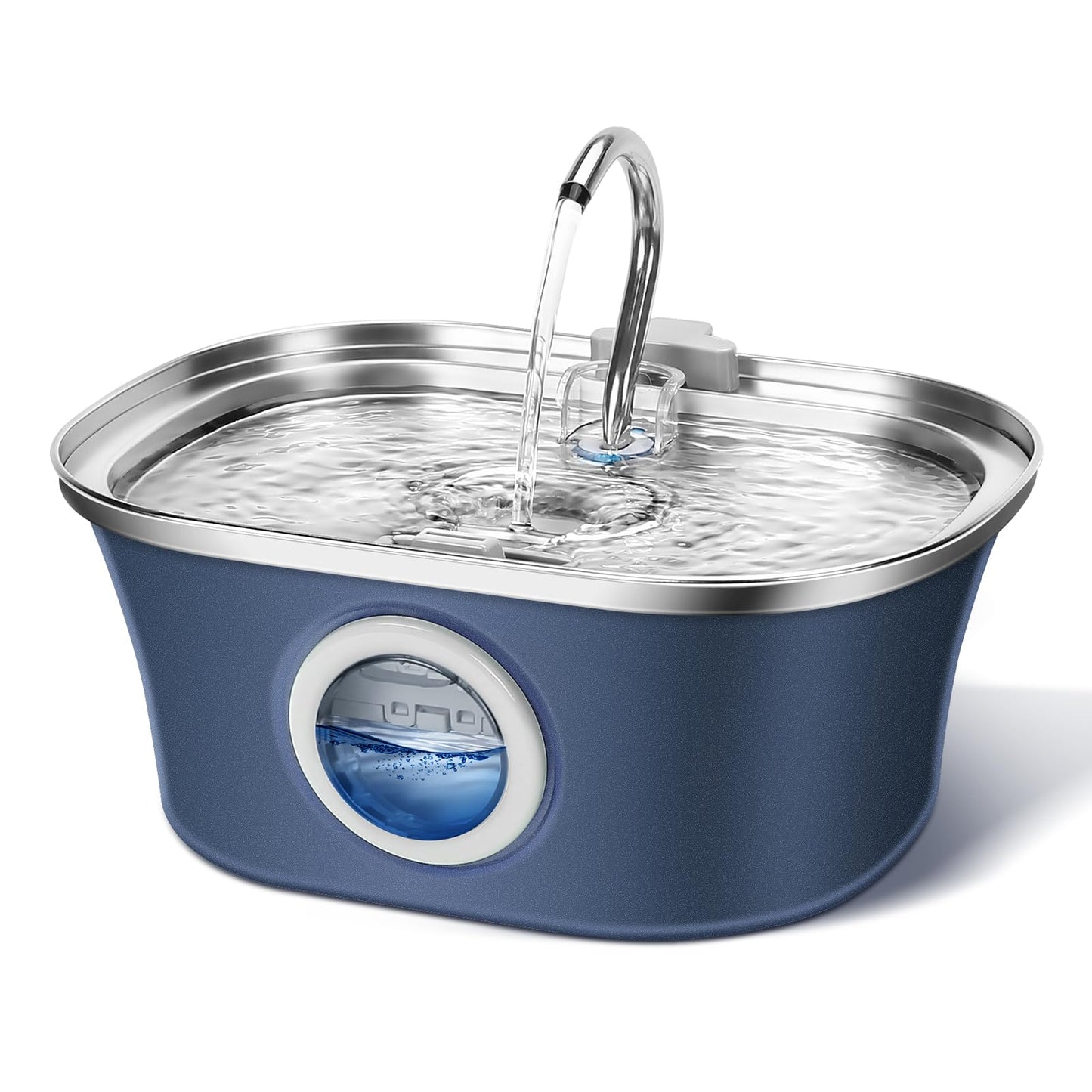 Cat Water Fountain, 3.2L/108oz Automatic Stainless Steel Pet Water Fountain with Water Level Window, Pet Water Dispenser Cat Drinking Feeding Fountains with Ultra-Quiet Pump for Pets, Navy(1 Brush)