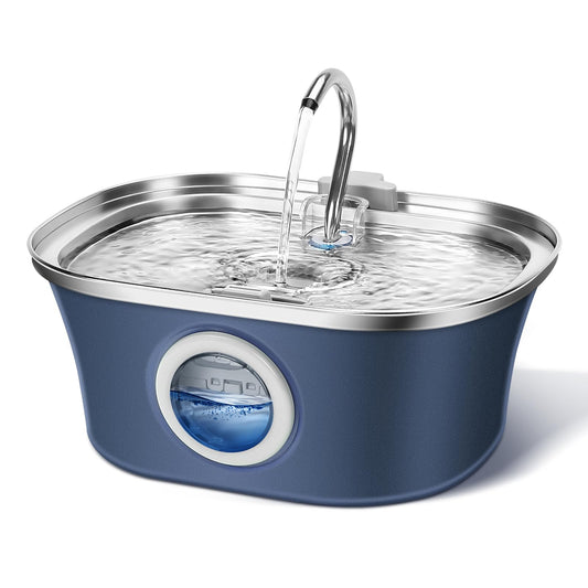 Cat Water Fountain, 3.2L/108oz Automatic Stainless Steel Pet Water Fountain with Water Level Window, Pet Water Dispenser Cat Drinking Feeding Fountains with Ultra-Quiet Pump for Pets, Navy(1 Brush)