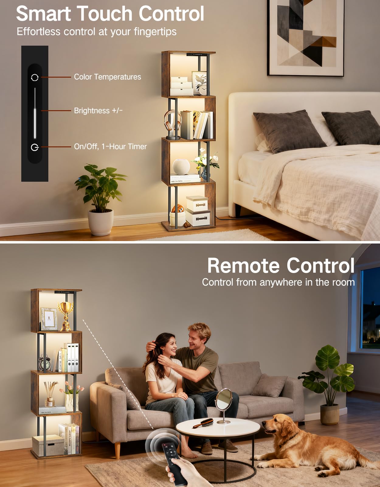 OUTONLIFE 5-Tier S-Shaped Geometric Bookshelf with LED Light, 3 Color Temperatures, Touch & Remote Control, Dimmable Standing Bookcase, Small Display Shelf for Living Room, Bedroom, Office