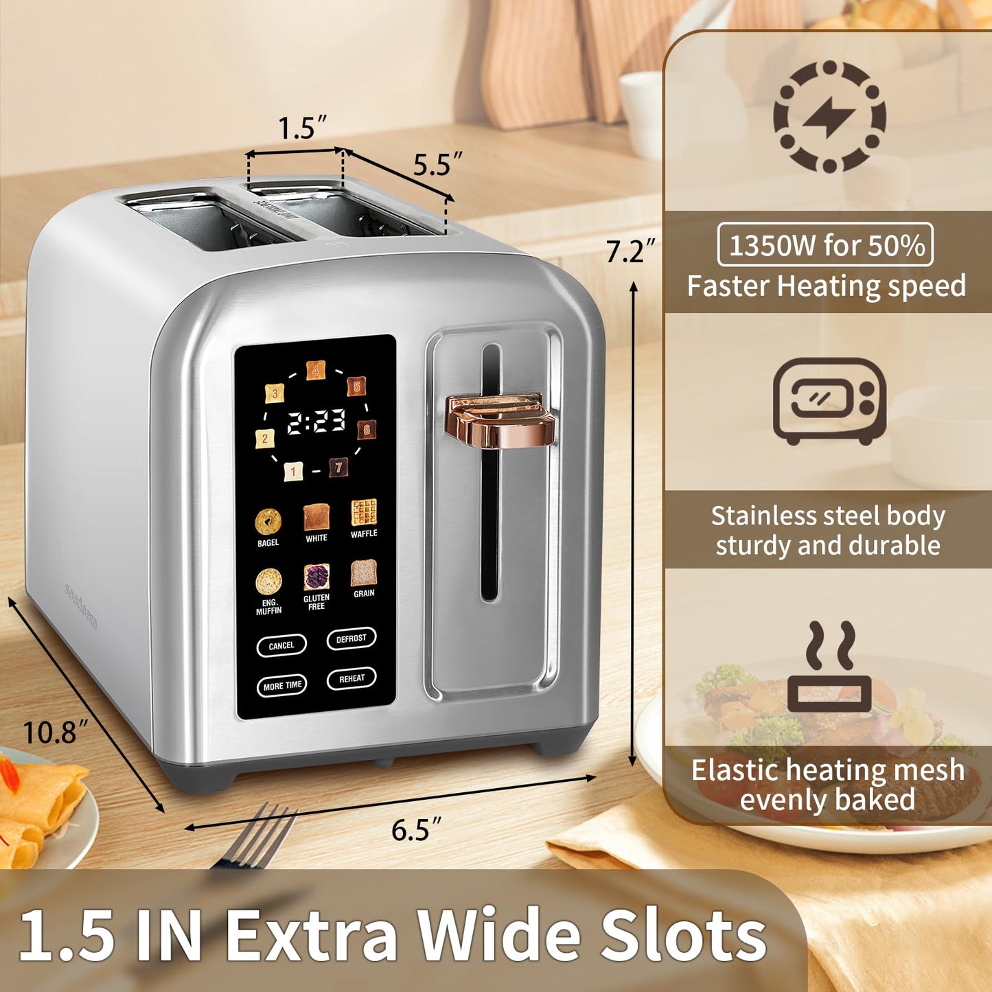 SEEDEEM Toaster 2 Slice, Stainless Steel Bread Toaster with LCD Display and Touch Buttons, 50% Faster Heating Speed, 6 Bread Selection, 7 Shade Settings, 1.5''Wide Slots Toaster with Cancel/Defrost/Reheat Functions, Removable Crumb Tray, 1350W, Silver Met