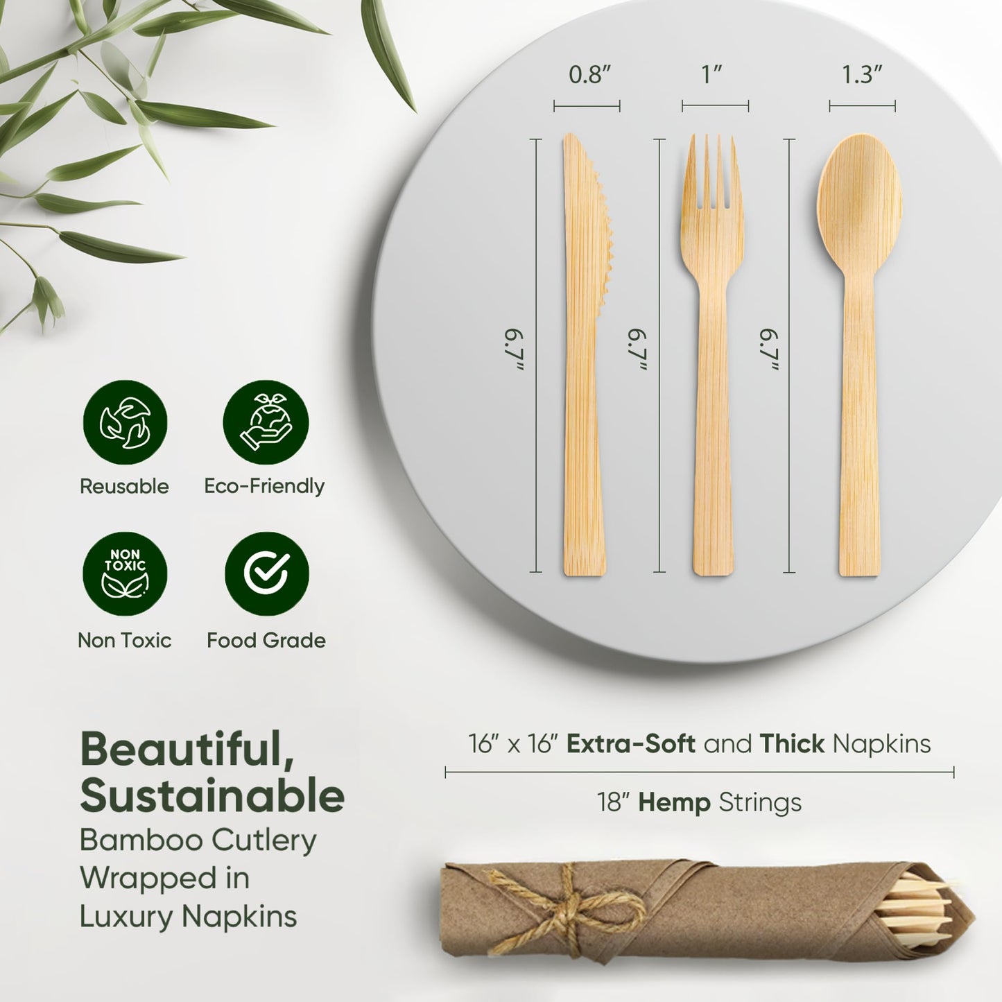 EcoPreps Premium Pre-Rolled Napkins Set and Bamboo Cutlery with Brown Napkins (30 Pieces, 120 Pieces) 100% Biodegradable, Eco-Friendly, Disposable Cutlery - Fork