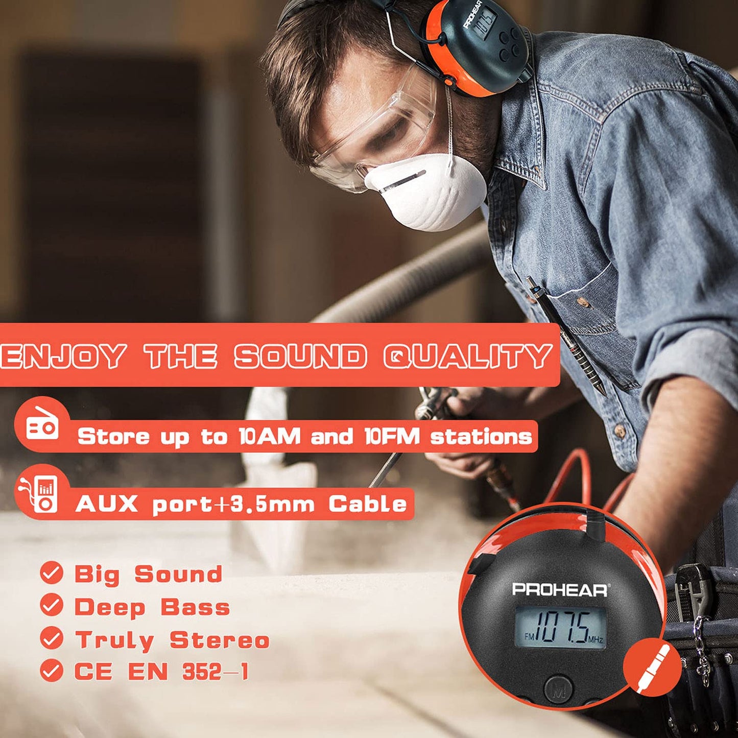 PROHEAR AM FM Digital Ear Protection 25dB NRR Audio Headphones, Noise Reduction Hearing Protection Earmuffs for Lawn Mowing, Workshops, Snowblowing Indoor Outdoor Construction Work - Orange