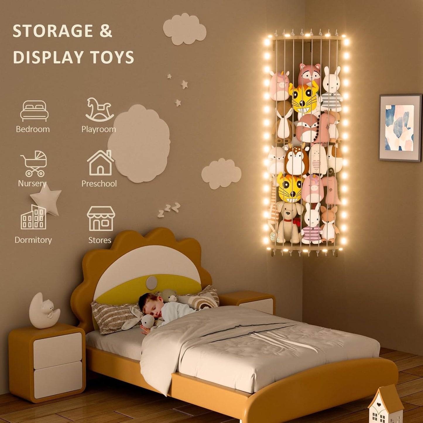 Wood Stuffed Animal Storage Corner Cage, Large Stuffed Animal Holder with Led Light & Adjustable Length, Nursery Wall Hanging Plush Toy Stuffed Animal Zoo Organizer for Kids Room Bedroom