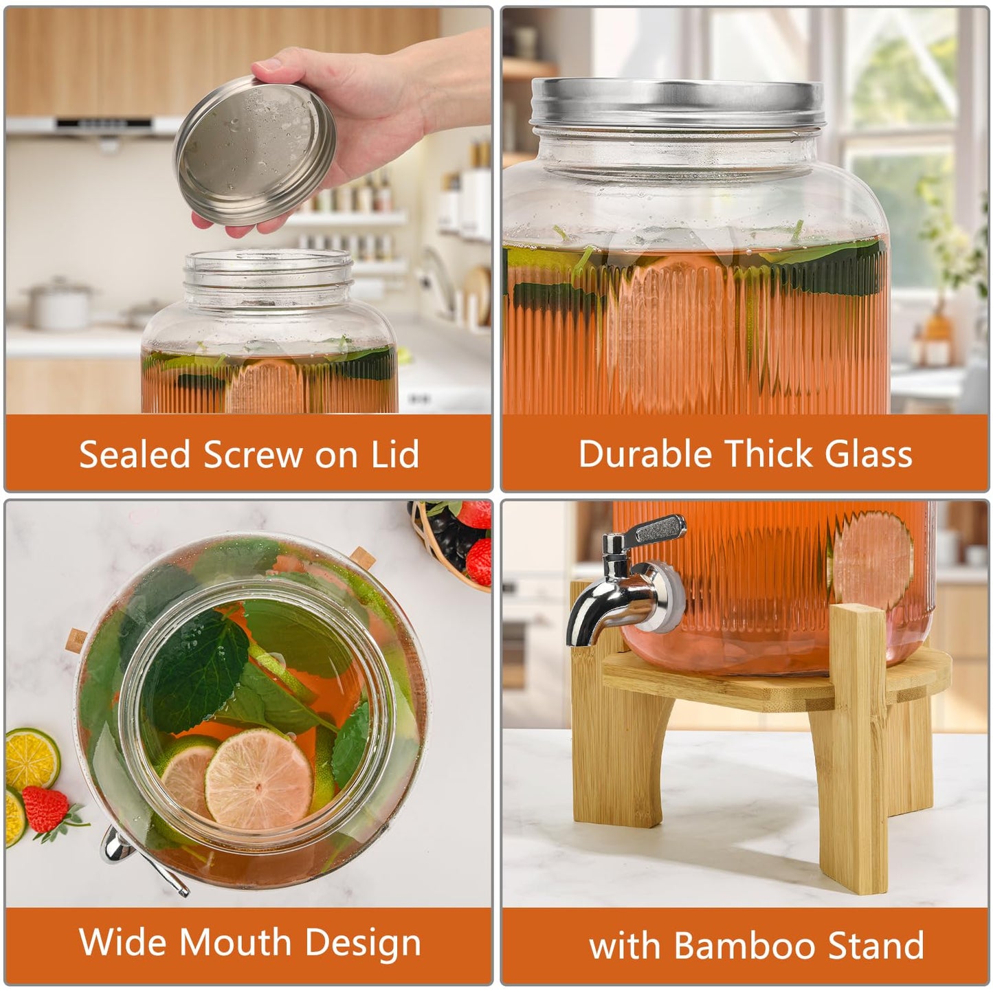 Hiziwimi 2 Pack Beverage Dispenser with Banboo Stand - 1 Gallon Glass Drink Dispenser for Parties with Spigot Solid Stainless Steel, Used As Iced or Hot Lemonade Juice Punch Dispenser