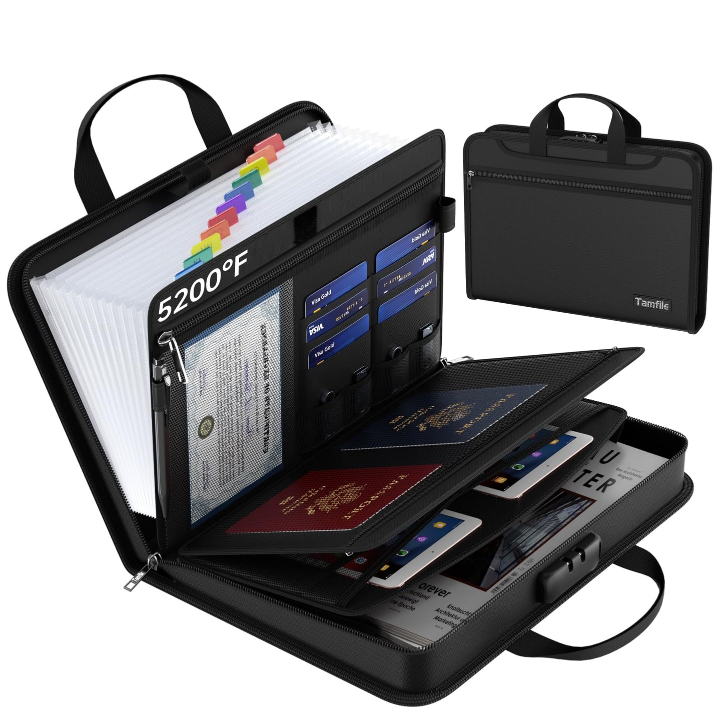 Fireproof Accordion File Organizer with Lock, Thickened Document Organizer 13 Pocket with Zipper & Labels, Important Document Organizer, Expanding File Foler with Handle for Letter A4 Files (Black)