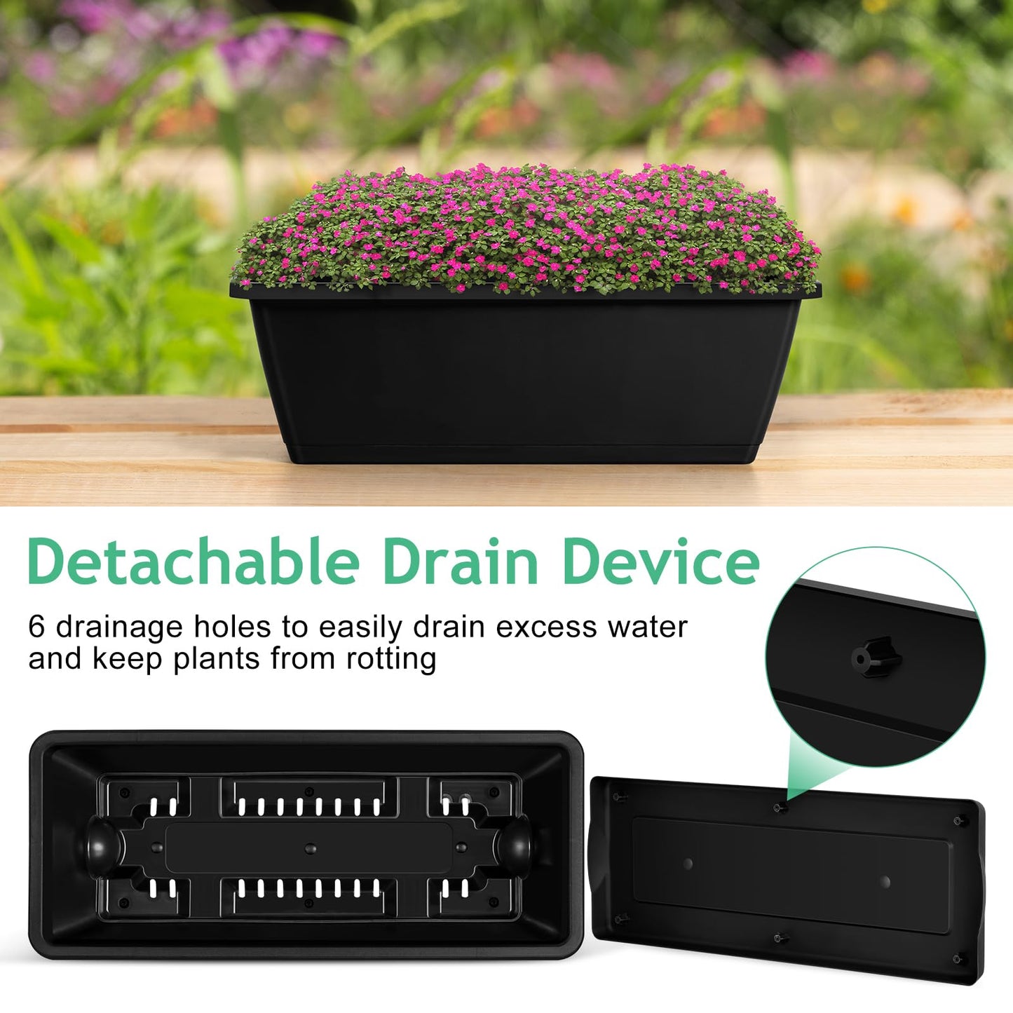 Railing Planter 6 Pack, 16.9 Inch Window Basket Deck Boxes Plastic Flower Rail Planters Holder with Adjustable Detachable Hooks for Outdoor Balcony Porch Patio, Black & White