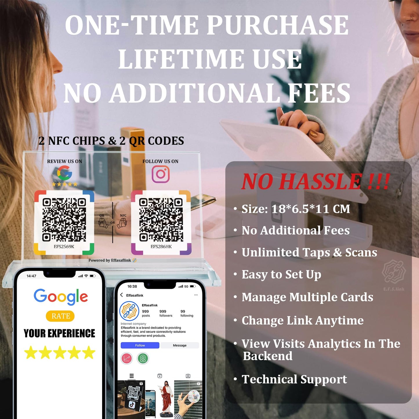 Dual Social Media Crystal Stand with NFC & QR Code - Compatible with Google Review Page & Official Websites, Boost Business Reviews & Social Media Following, No App, No Subscription, Lifetime Promotional Desktop Decor for Business