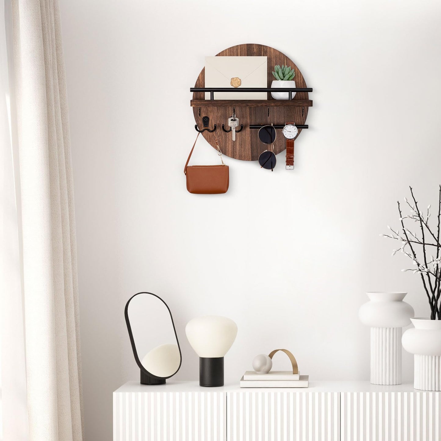 Nekon Key Holder Wall Mount, 11.8 Inch Key Rack with Shelf and 6 Key Hooks, Rustic Key and Mail Organizer, Circular Wooden Key Hanger for Entryway Hallway Kitchen (Brown)