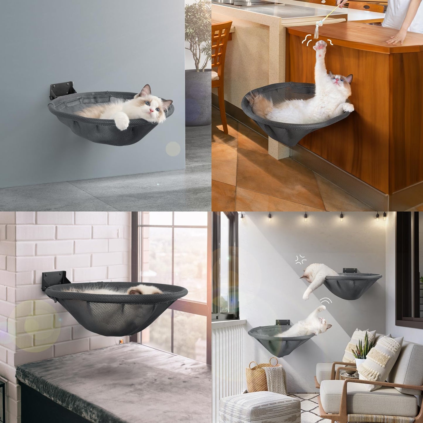 JUNSPOW Cat Hammock Wall Mounted, Foldable & Stable Cat Beds- Breathable Cat Wall Shelves for Sleeping, Playing, Climbing, and Lounging - Maximum Hold Up to 30lb (Gray)