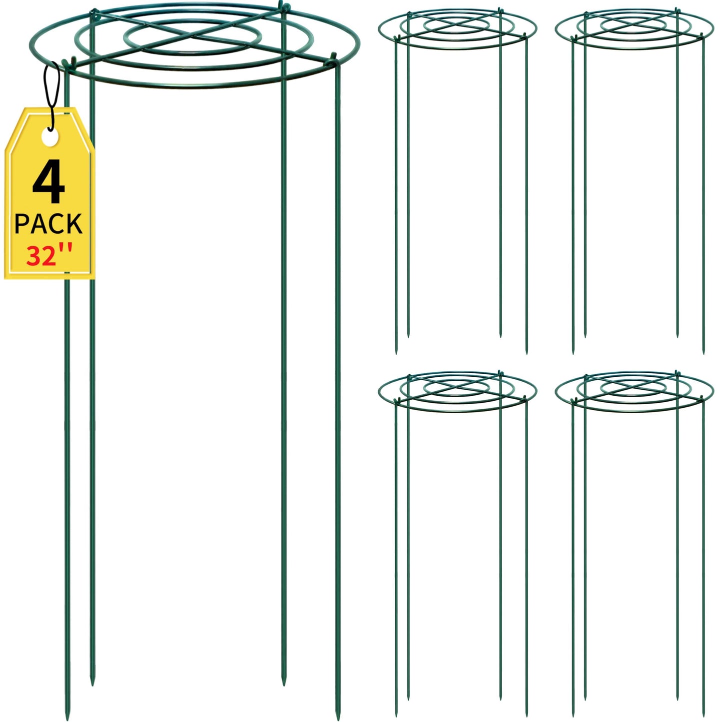 SYITCUN Tall Peony Cages and Supports, 14x32 Inch 4-Pack Heavy Duty Metal Plant Cages, 5mm Extra Thick Green Garden Stake for Tall Peonies, Delphiniums, Sunflowers