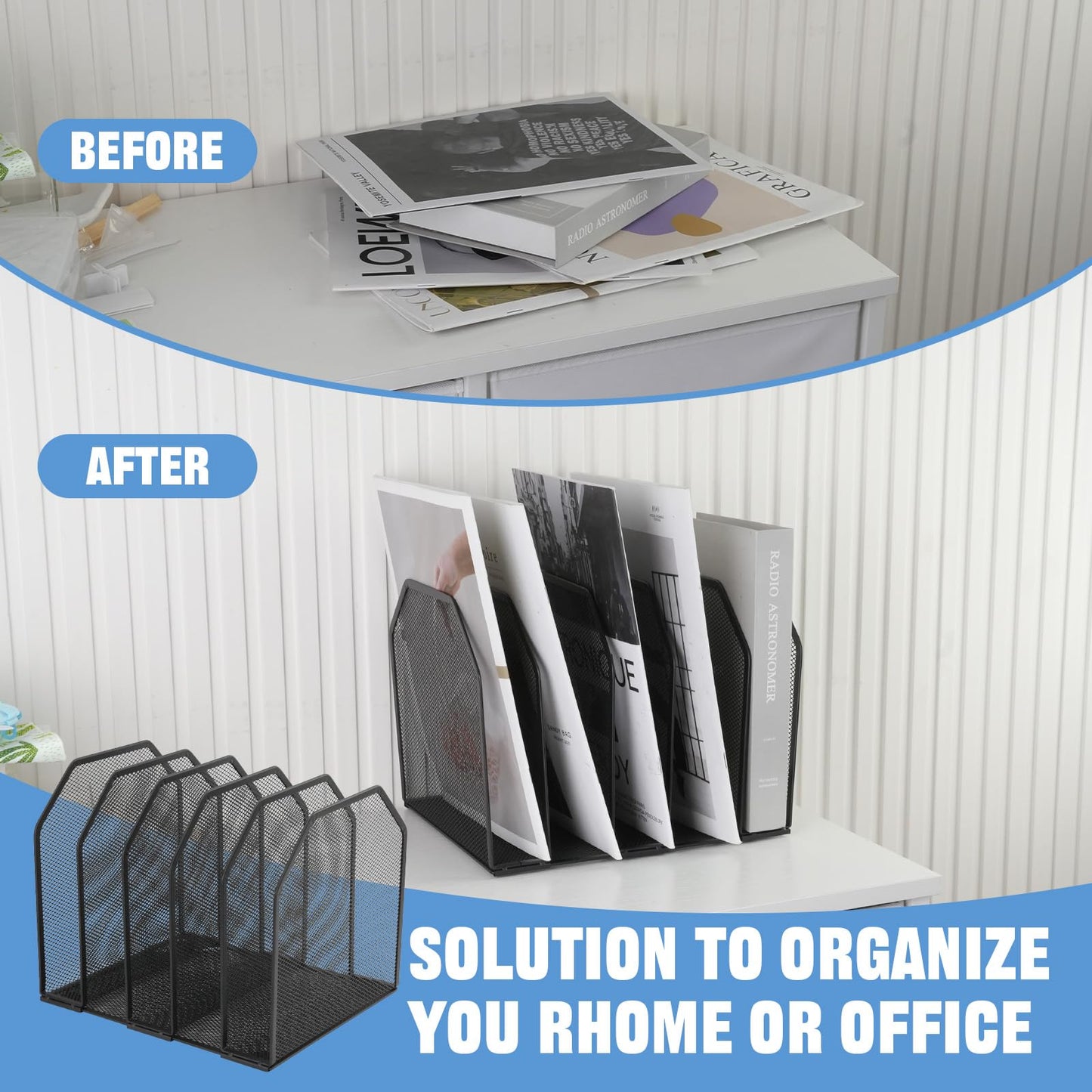 RUITENG 2 Pack Mesh File Sorter Organizer for Desktop, 5-Section Black Metal Vertical Desk File Organizer, Adjustable Upright Bookshelf File Holder Stand for Office Home Classroom Documents Books
