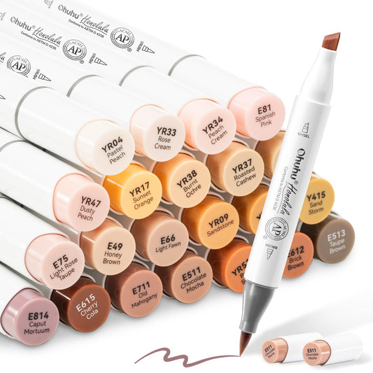 Ohuhu Skin Tone Alcohol Markers Brush Tip - Brush& Chisel 24 Portrait Color Markers Alcohol-based Brush Markers for Artist Adults Coloring Illustration- Honolulu