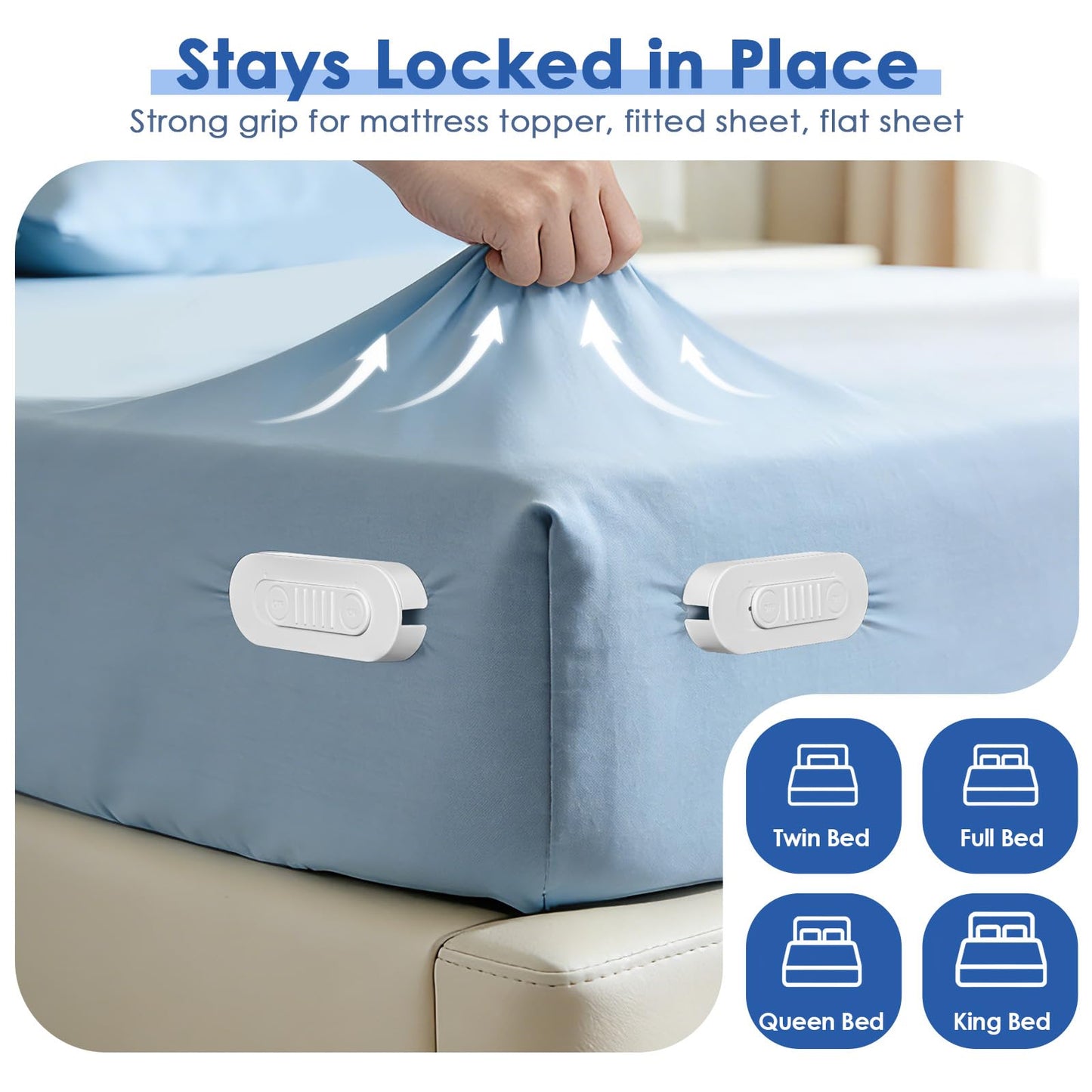 AMOVO Bed Sheet Holders for Corners Fitted Sheet Grippers Heavy Duty Bedsheet Holders, Keep Sheets on Bed Tight & Firmly, Secure Locks for Mattress Flat Sheet, Gentle on All Fabrics (Off-White)