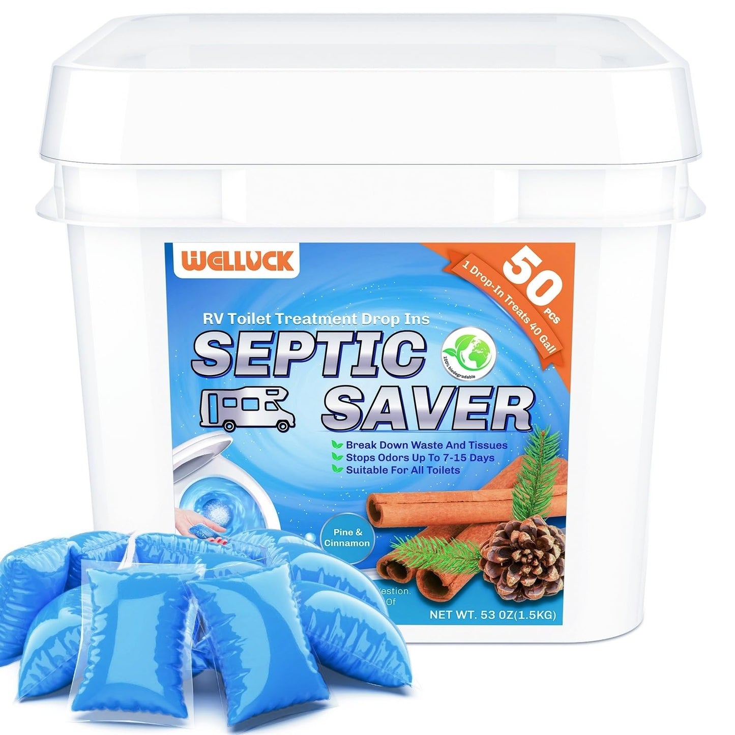 WELLUCK 50 Packs RV Toilet Treatment Drop Ins, Black Tank Deodorizer for Camper, Marine Portable Toilet, Break Down Waste and Tissue, Septic Tank Treatment, Kit for 50 Week (Pine&Cinnamon)