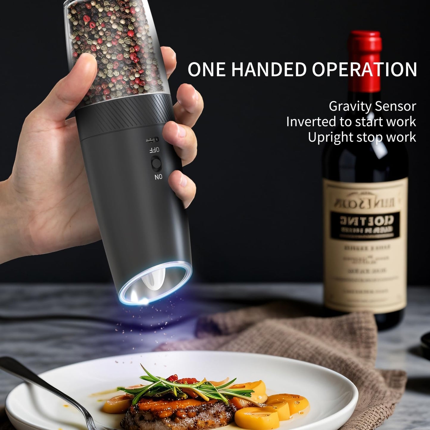 PEIPU Electric Pepper and Salt Grinder, Rechargeable Seasoning Mill，Adjustable Coarseness,with LED Light,One Hand Automatic Operation, Stainless Steel