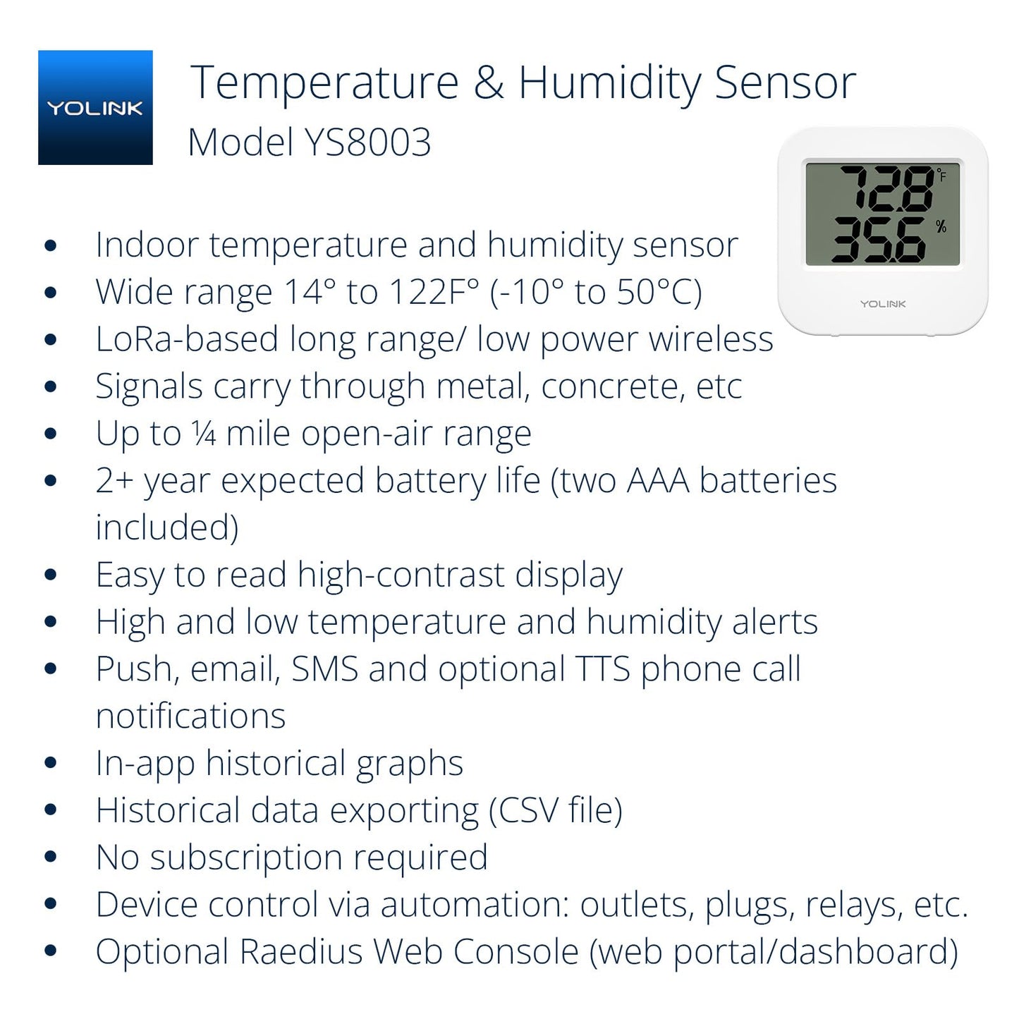 Smart Temperature Humidity Sensor Works w/ Alexa IFTTT, 1/4 Mile Super Long Range Wireless Digital Hygrometer Indoor Thermometer Humidity Meter Temperature Humidity Monitor Sensor -YoLink Hub Required