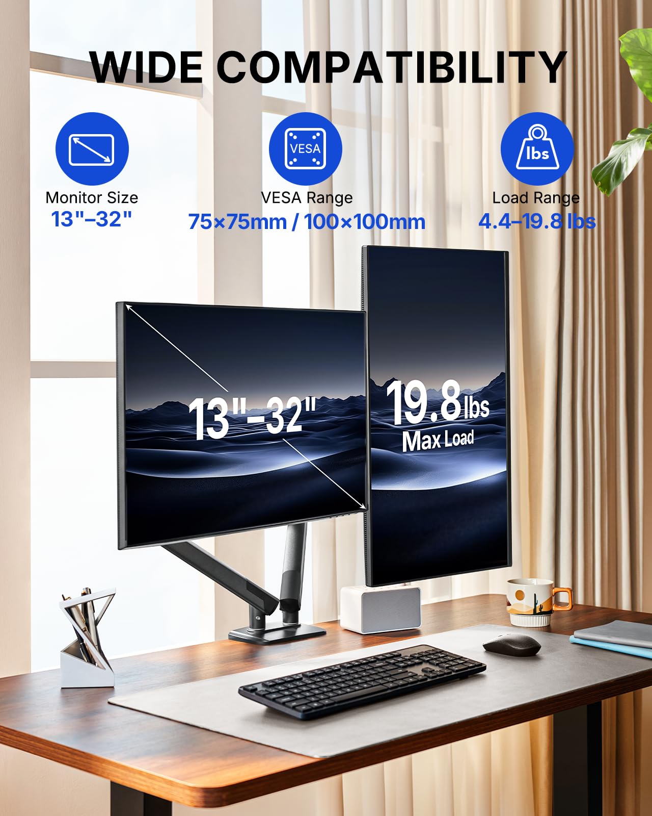 HUANUO FlowLift™ Pro Dual Monitor Arm for 13–32" Screens, MechaSpring Monitor Mount, Adjustable Monitor Arm with Tilt/Swivel/Rotation, Tool-Free VESA Mount, C-Clamp/Grommet Base, Max Load 19.8 lbs
