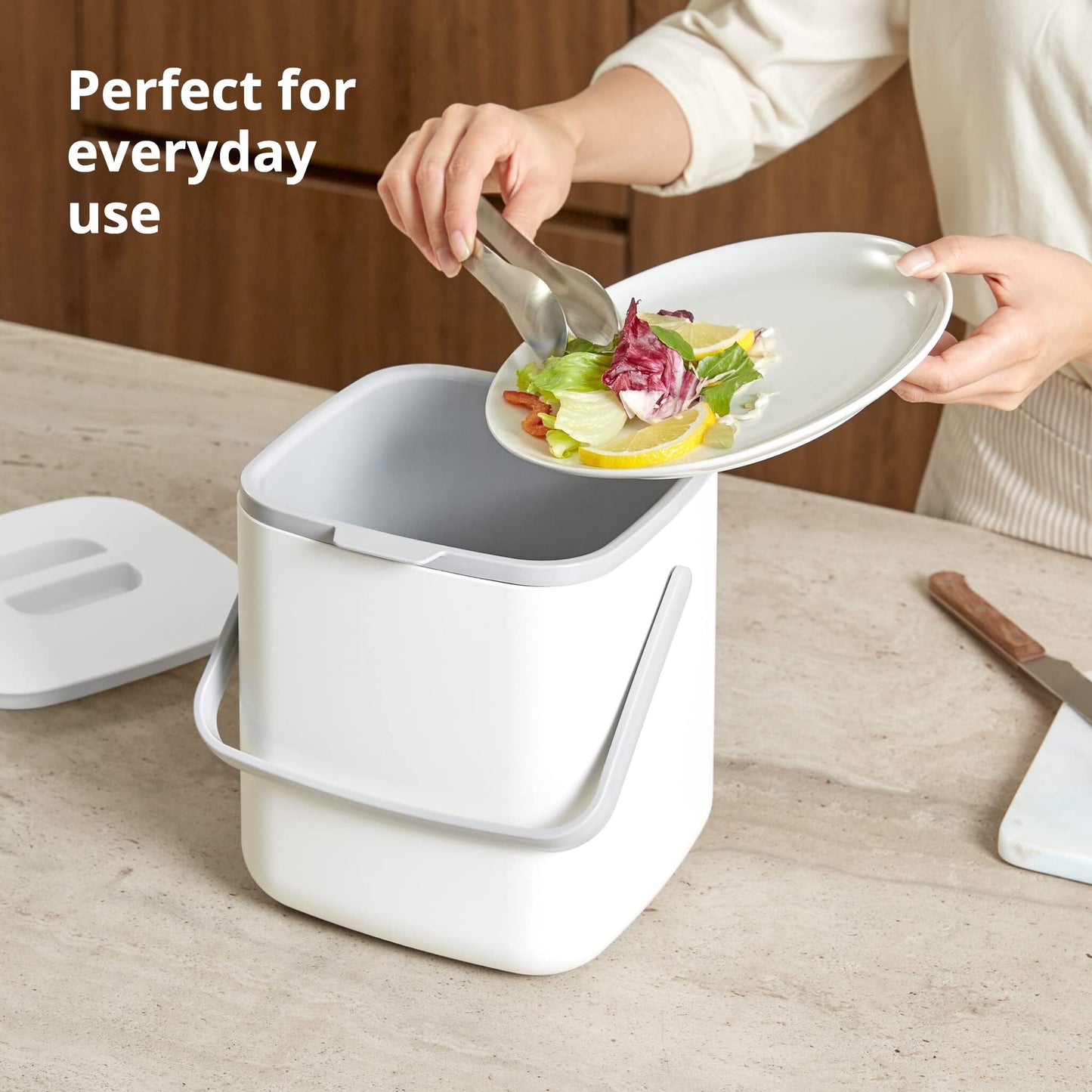 Blue Ginkgo Kitchen Compost Bin [5L / 1.32 GAL] – Filter-Free, Odor-Tight Countertop Food Waste Pail with Handles (Made in Korea, White)