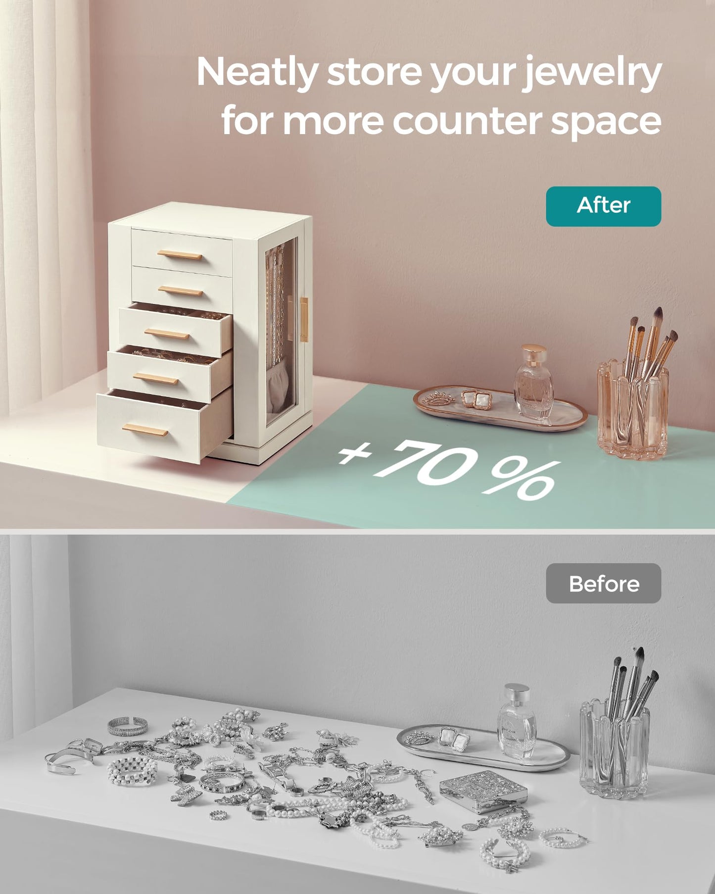 SONGMICS GISELLA Collection - Jewelry Box Organizer 360° Rotating, Large Vertical Jewelry Storage Case with 5 Drawers, Shiny Metal Hardware, Glass Window, Gift Idea, Cloud White UJBC170W01