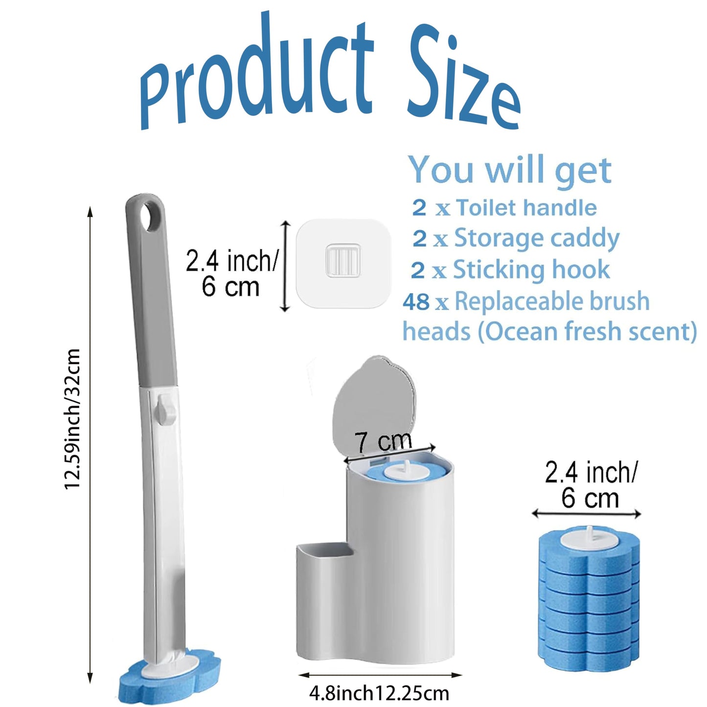 1 Pack Disposable Toilet Brush & Holder Set with Extended Handle & 48 Refills - for Toilet, Bathroom, Bathtub Cleaning - Blue Ocean Fresh Scent
