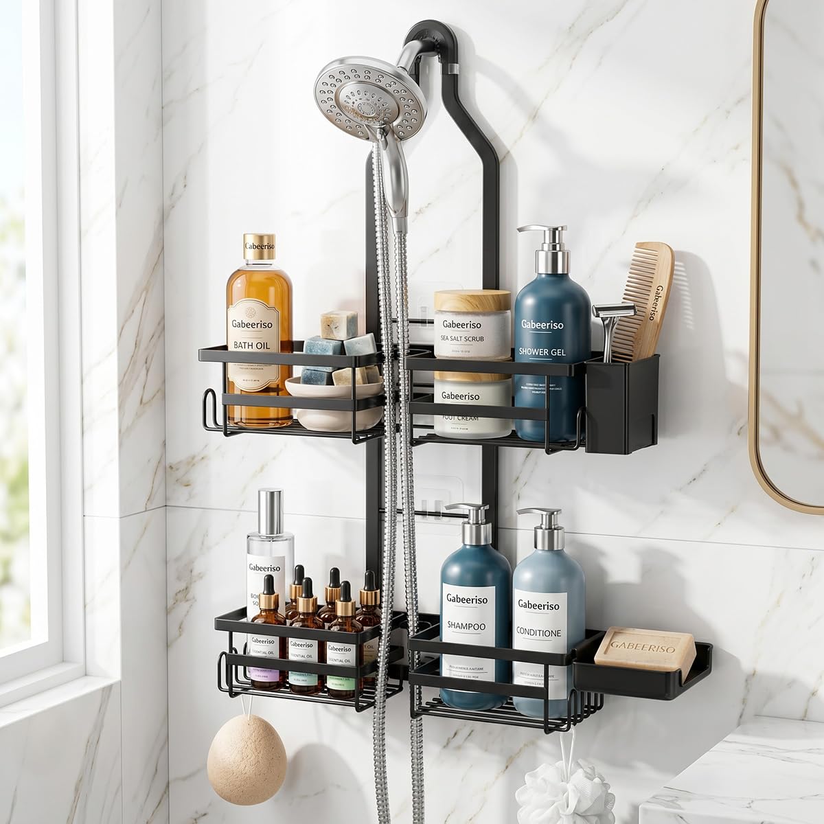 Gabeeriso Shower Caddy Hanging, Bathroom Organizer Black Rustproof 2-Tier Adjustable Height Over Shower Head with Soap/Toothbrush Holder &12 Hooks, No Drilling Shower Storage