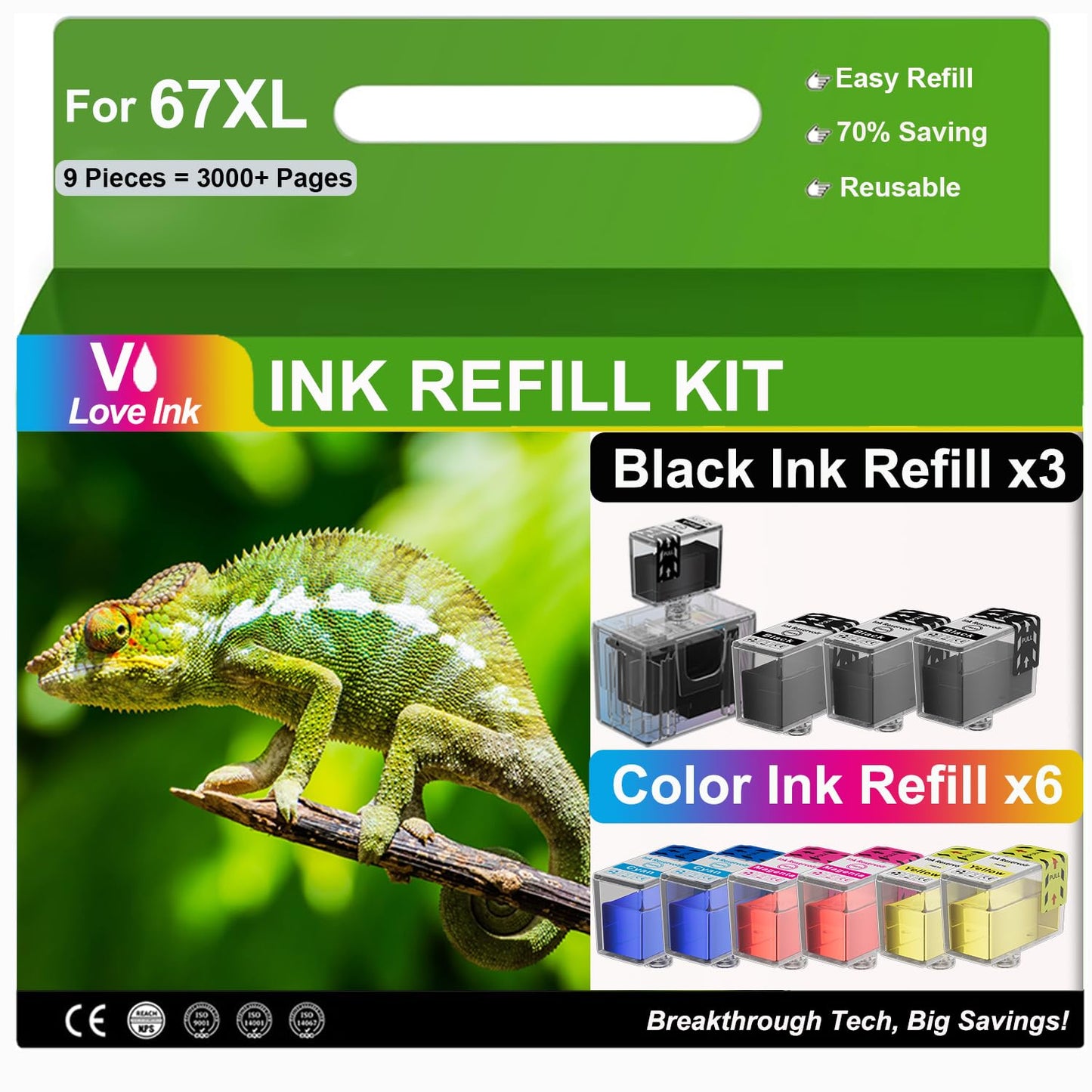 67XL Ink Refill Kit for HP 67 XL Ink Cartridges Compatible for HP 67 Black Color Combo Pack Works with Deskjet 2855e 2755e 2700 4155 Envy 6000 6055e 6400 6455e Cartridges, 9 Pack (3BK/2C/2M/2Y)