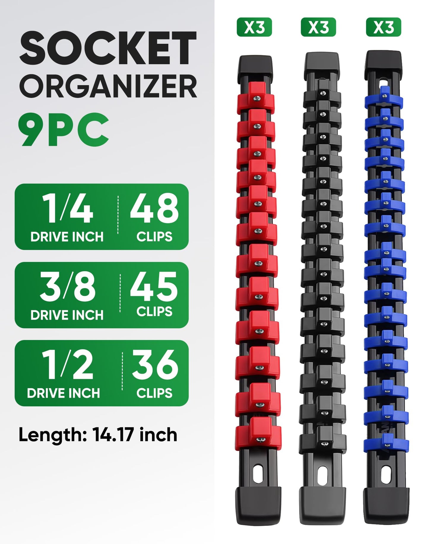 ALOANES 9 PC ABS Socket Organizer,1/2 inch, 3/8 inch, and 1/4 inch Drive Socket Rail Holders, Heavy Duty Socket Racks, Black Rails with Red&Blue&Black Clips x 129 Clips