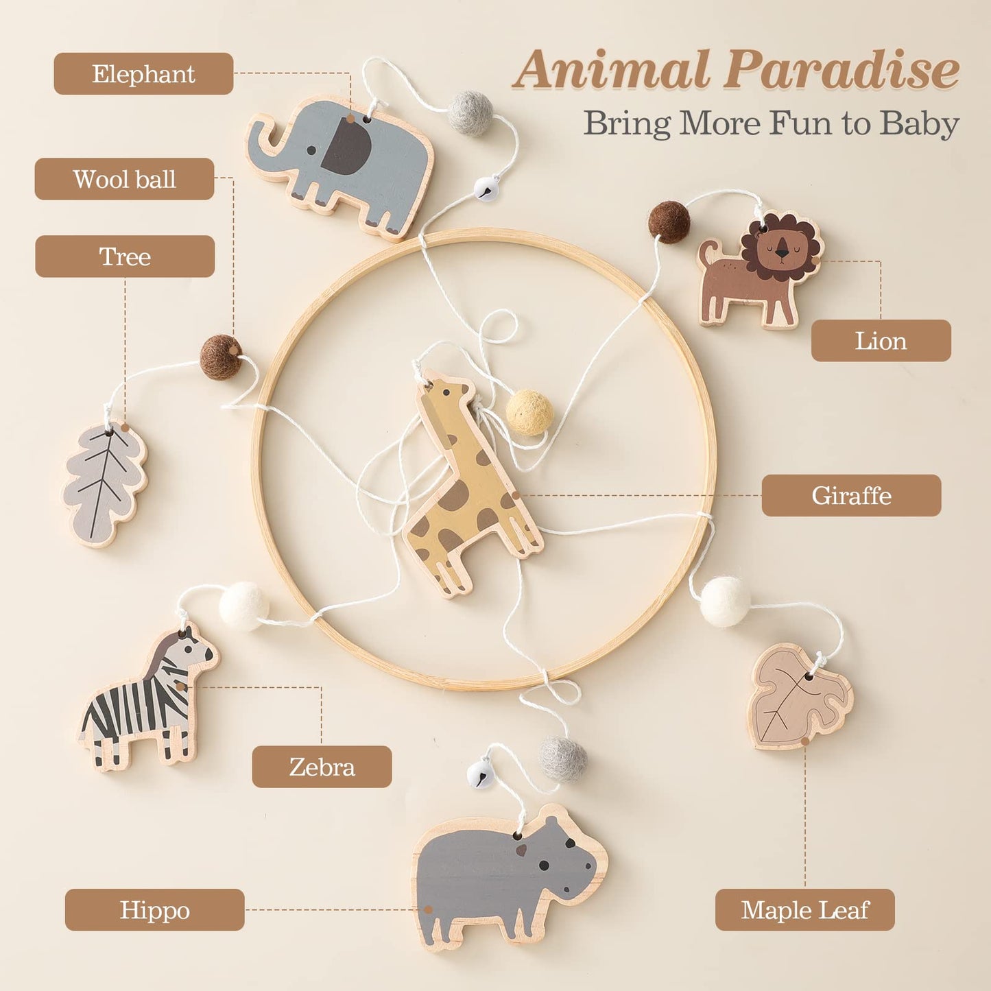 Jungle Animals Mobile for Crib, Handmade Nursery Mobile,Baby Bedroom Hanging Decoration Toy