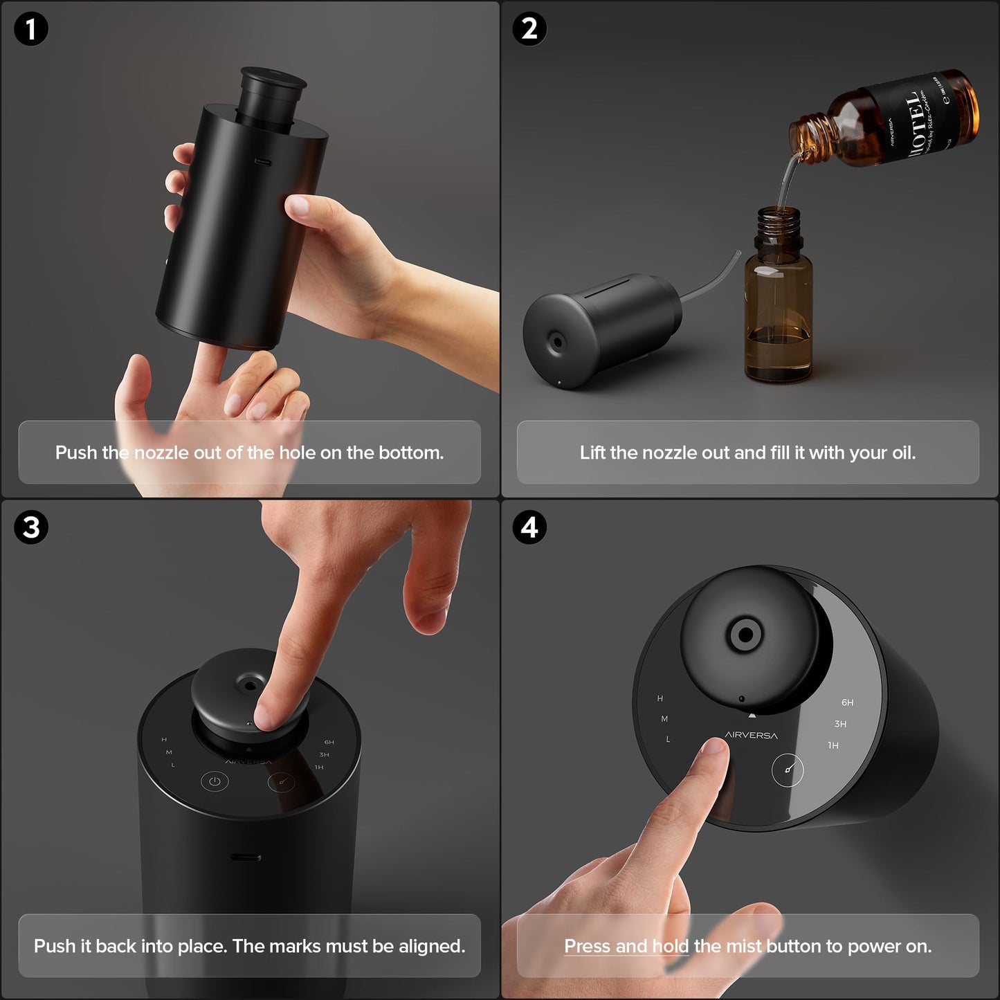 Airversa Metal Housing Waterless Diffuser for Essential Oils, Rechargeable Battery Operated, Cordless Mini Scent Air Diffuser, 1/3/6h Timer, L/M/H Mist Levels for Home Room Car Office, ANX Black