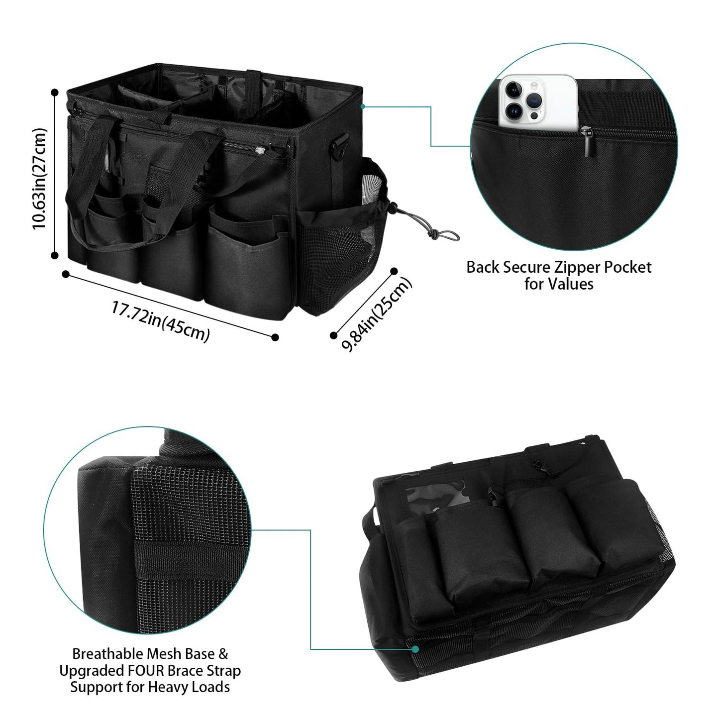 Cleaning Bags for Housekeepers, Large Cleaning Supplies Organizer with Handles & Shoulder Strap, Cleaning Caddy Bag with Foldable Divider for Cleaners, Car Horse Clean Bag (Black)