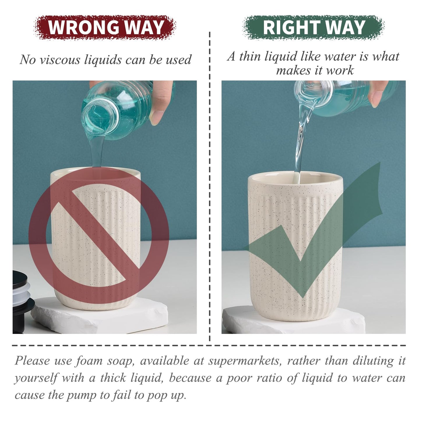 BosilunLife Foaming Soap Dispenser Set - Beige Ceramic Foam Hand Soap Dispenser 12ozwith Rust Proof Pump, Easy Pressing & Refillable, 4Pcs Clear Stickers for Kitchen, Bathroom - 2 Pack