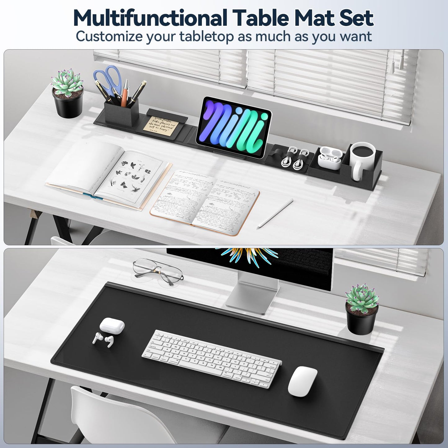KDD Desk Mat with Magnetic Organizer Set, 6 in 1 Mouse Keyboaed Pad with Storage Accessories DIY Feature for Phone/Tablet Stand/Cup Holder/Card/Pen Holder/Cable Management for Office Desk Accessories