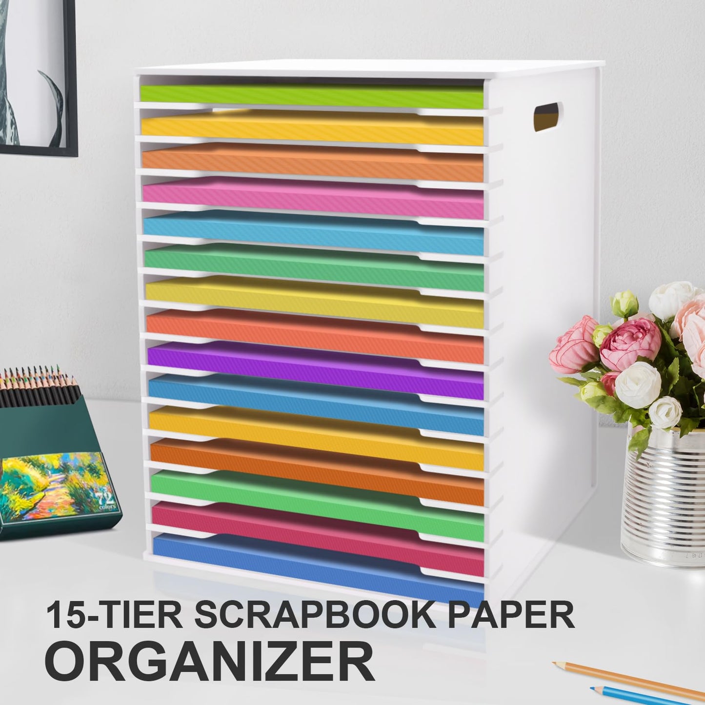 SONGWAY 12x12 Paper Storage Organizer - 15-Tier Desk File Organizer with Adjustable Shelves, Letter Mail Tray, 12x12 Stackable Scrapbook Paper Storage Cube for Home Office Classroom