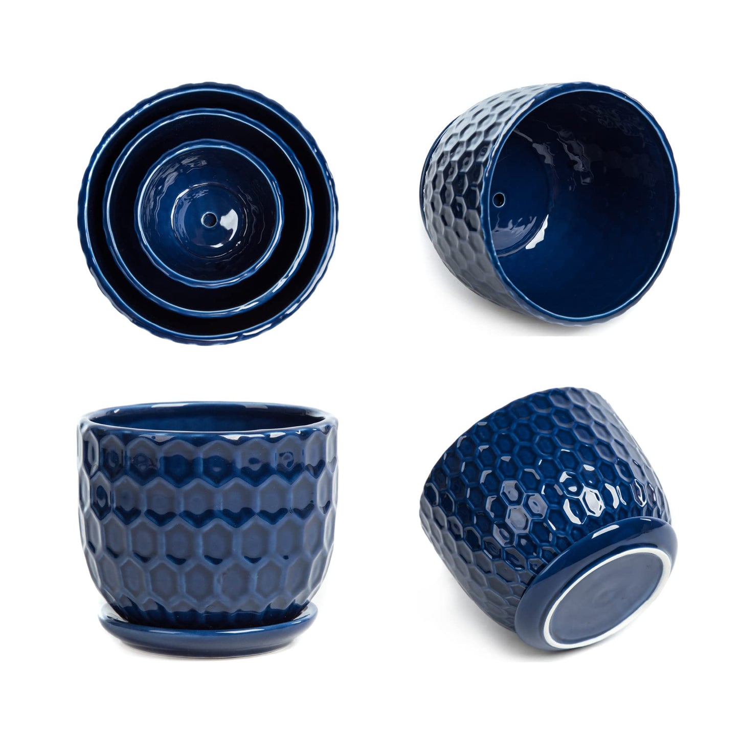 Nattol Ceramic Flower Pots with Drainage Hole and Saucer, North European Style Round Indoor Succulent Planters with Honeycomb Inspired Texture Design, Small to Medium-Sized, Set of 3, Navy Blue