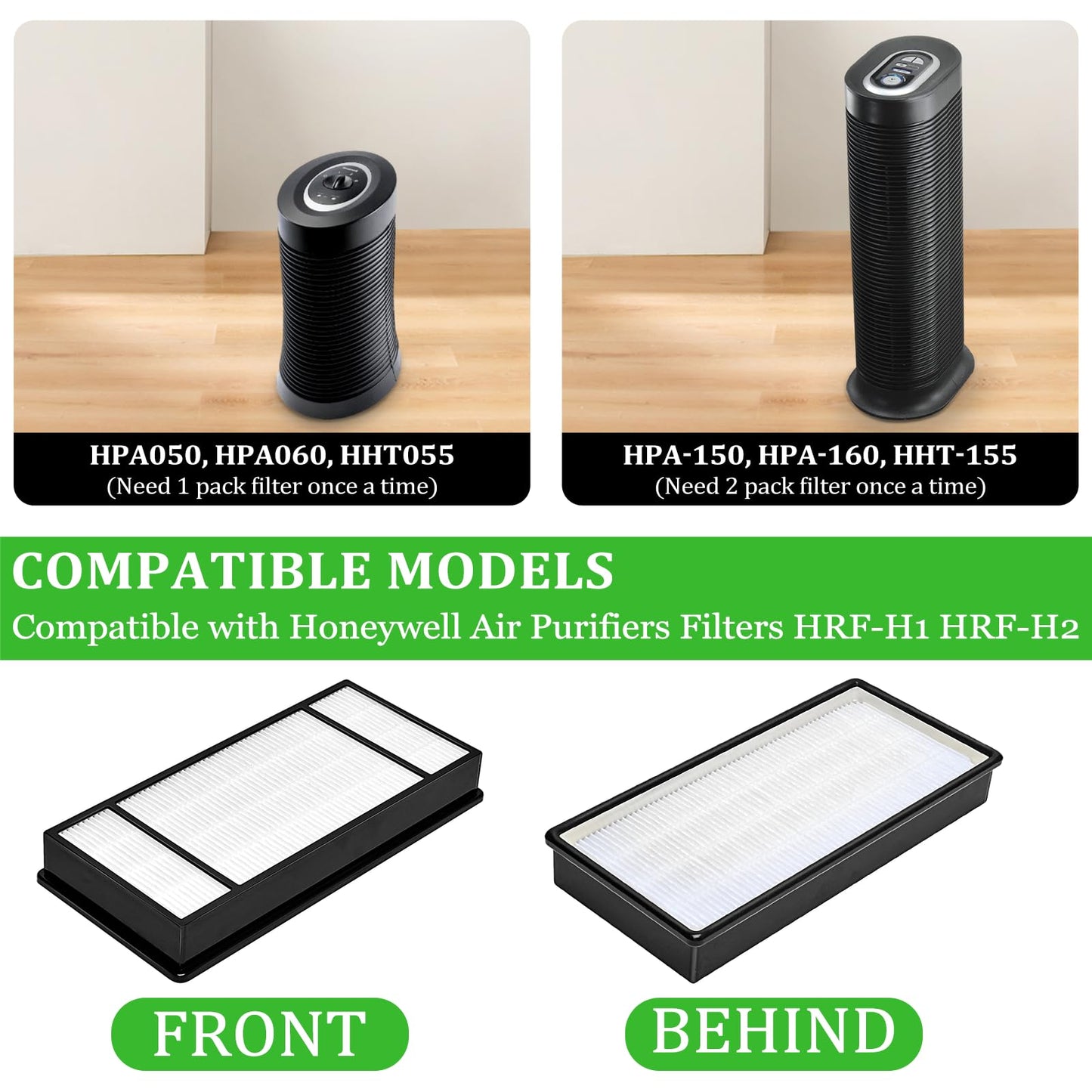 4 Pcs True HEPA Replacement Filter H Compatible with Honeywell Air Purifiers Filters HRF-H1 HRF-H2, Compatible with Honeywell HPA050, HPA060, HPA150, HPA160, HHT055 and HHT155 Series