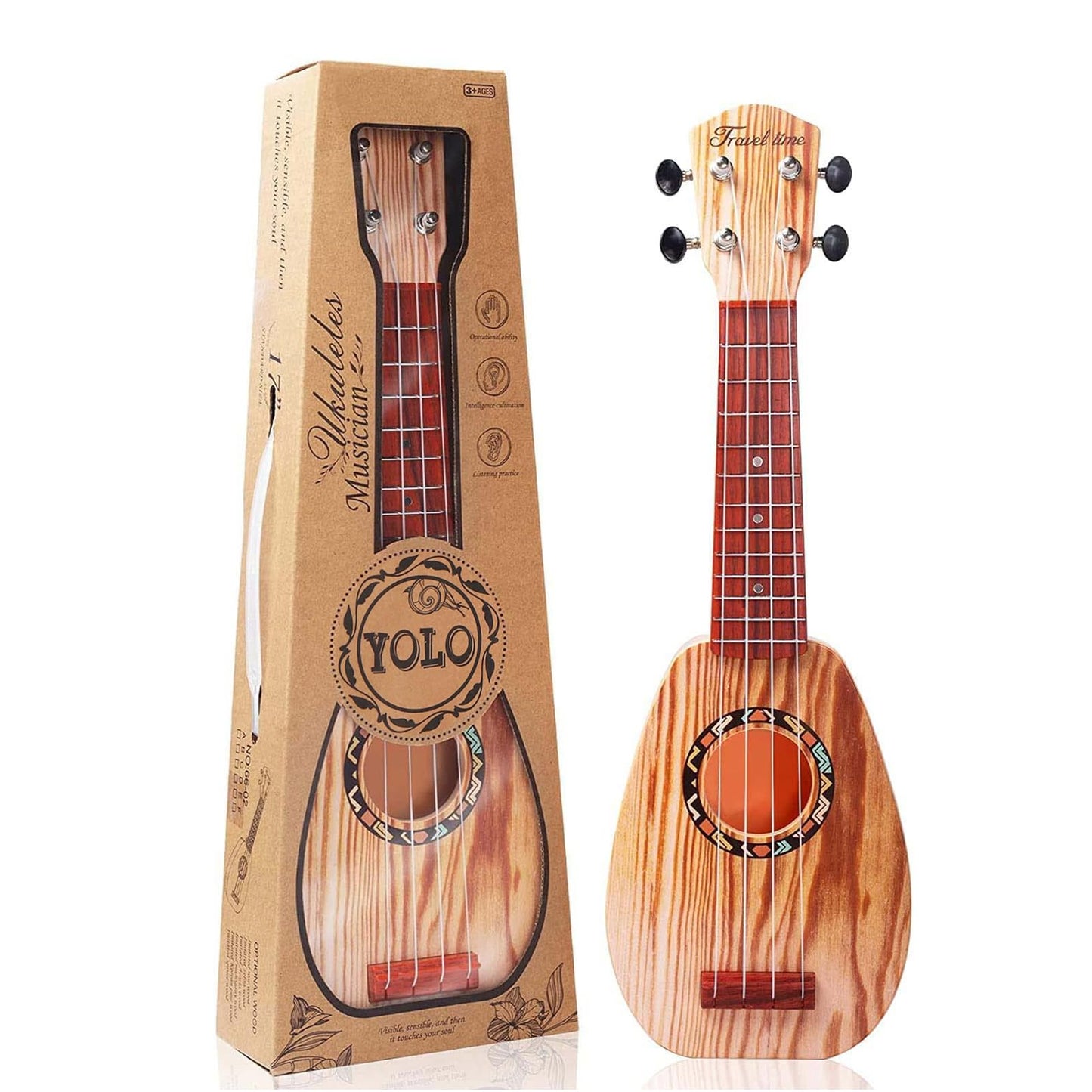 17 Inch Mini Guitar Ukulele Toy for Kids,Plastic Sear World Cartoon Children Educational Learn Guitar Ukulele with The Picks and Strap Can Play Musical Instruments Toys (Sprucewood)