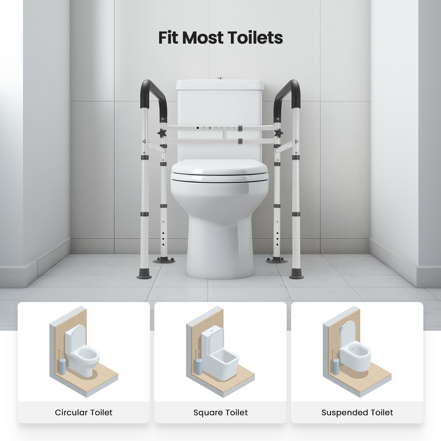 Careboda Toilet Safety Frame Rails, Toilet Handles for the Elderly Disabled, Adjustable, Stand Alone Non-Slip Toilet Frame, Removable Folding Handrails, Fits most Toilet Seats, 300lbs Capacity