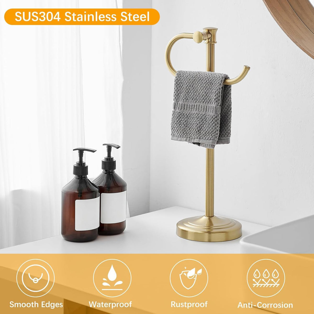 BESy 17 Inch Brushed Gold Stand Towel Bar Hanger Hand Towel Bar Bathroom Vanity Countertop Towel Holder Free Standing Stainless Steel Towel Ring Hardware Accessories Towel Rack