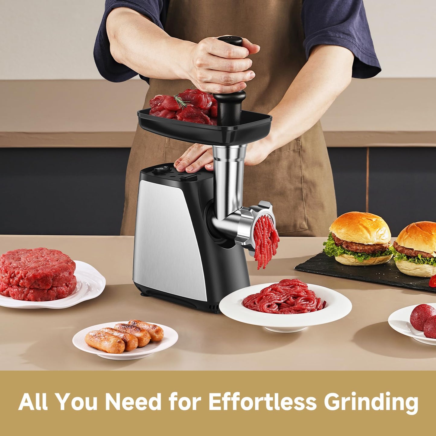 AAOBOSI Meat Grinder, 3-in-1 Meat Grinder Electric [2800W Max] with 2 Blades,4 Plates,Sausage Stuffer,Kubbe Kit, for Home Kitchen Use, Stainless Steel