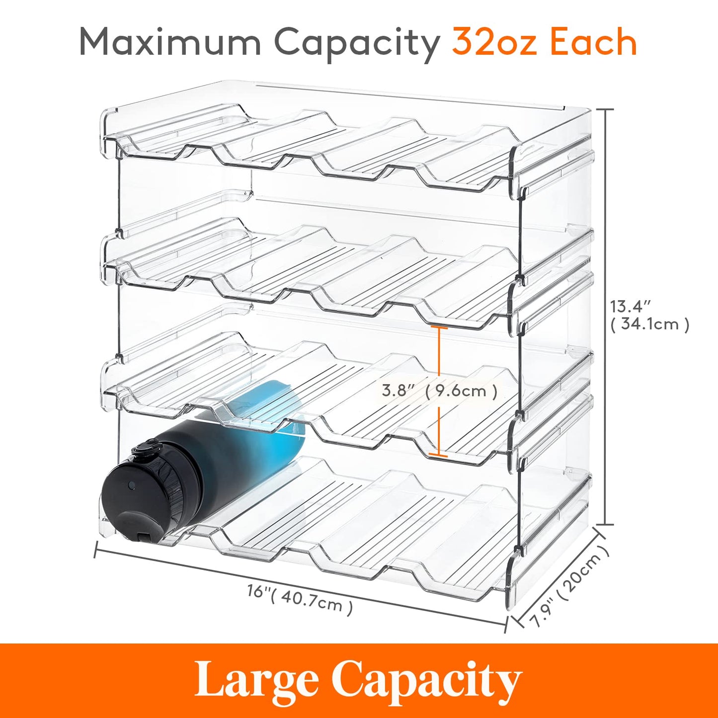 Lifewit Stackable Water Bottle Organizer for Cabinet, Fridge, Pantry - Plastic Cup Holder, Wine Racks for Kitchen Tabletop Storage, Cupboard, Office - Pack of 4, Each Rack Holds 4 Containers