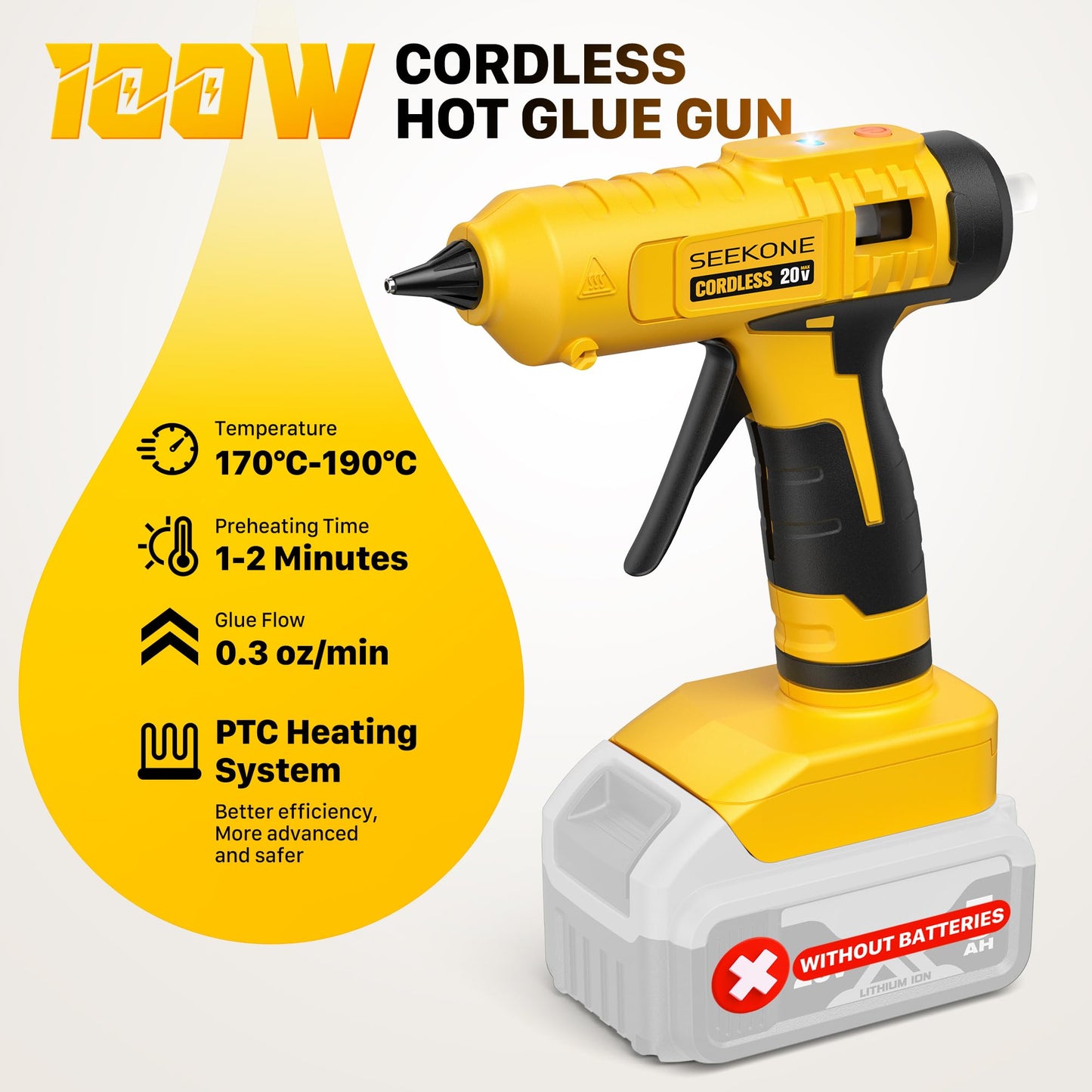 SEEKONE Hot Glue Gun, 100W Cordless Hot Glue Gun for Dewalt 20V Battery (No Battery), Fast Preheating and Anti-drip Full Size Glue Gun with 20pcs Glue Sticks for Crafts, DIY Arts, Home Repairs