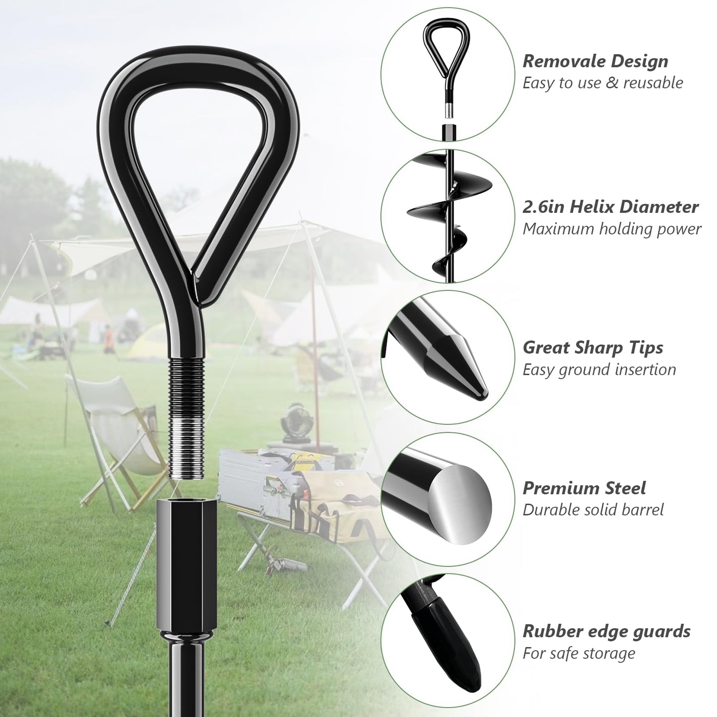 Phopich 6 Pack 18" Long Ground Anchor, Heavy Duty Earth Anchors 18 inch Ground Anchors Screw in Kit with T-Handle Hex Wrench for Camping Tent, Swing Sets, Securing Animals, Sheds, Trampoline